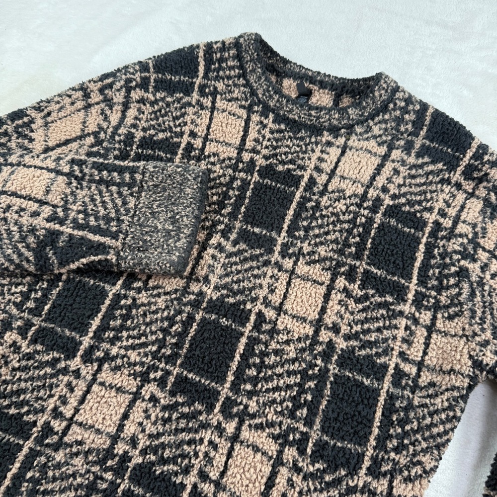 Skims‎ Teddy Plaid Sweater Black Tan Sherpa Pullover Crew Neck RN158973 Womens